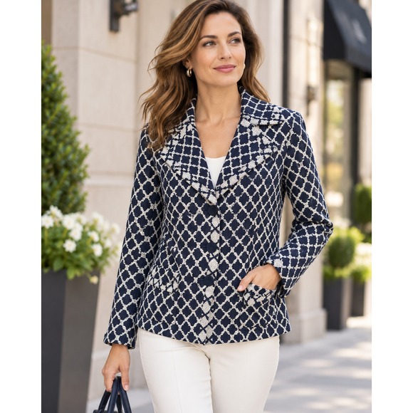 Talbots Jackets & Blazers - Talbots Diamond Lattice Cotton Blazer Jacket Plus Size 14W Navy White Office